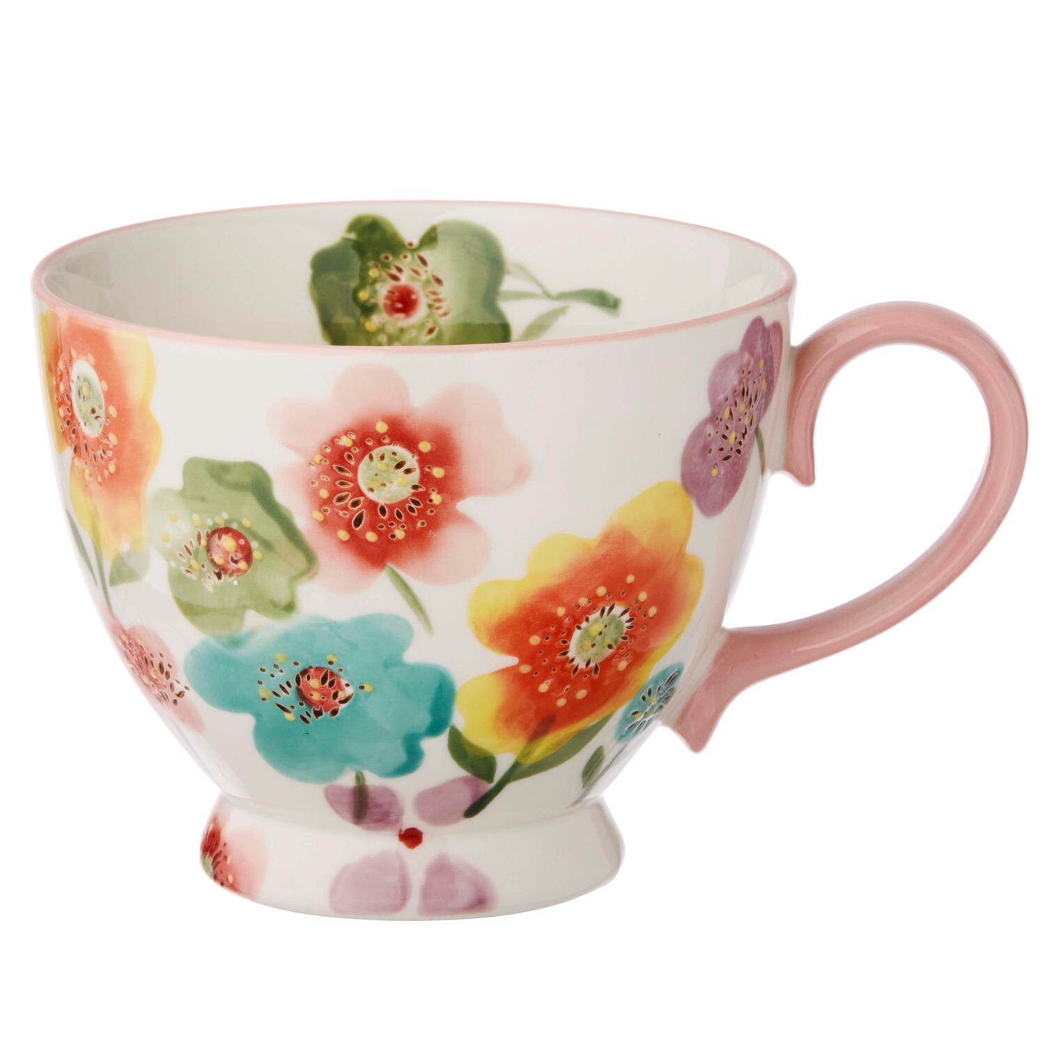 Håndmalet krus m. blomster, lyserød/grøn/blå - 480ml